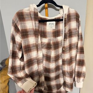 American Eagle Brown & Cream Plaid Hooded Shirt Jacket
